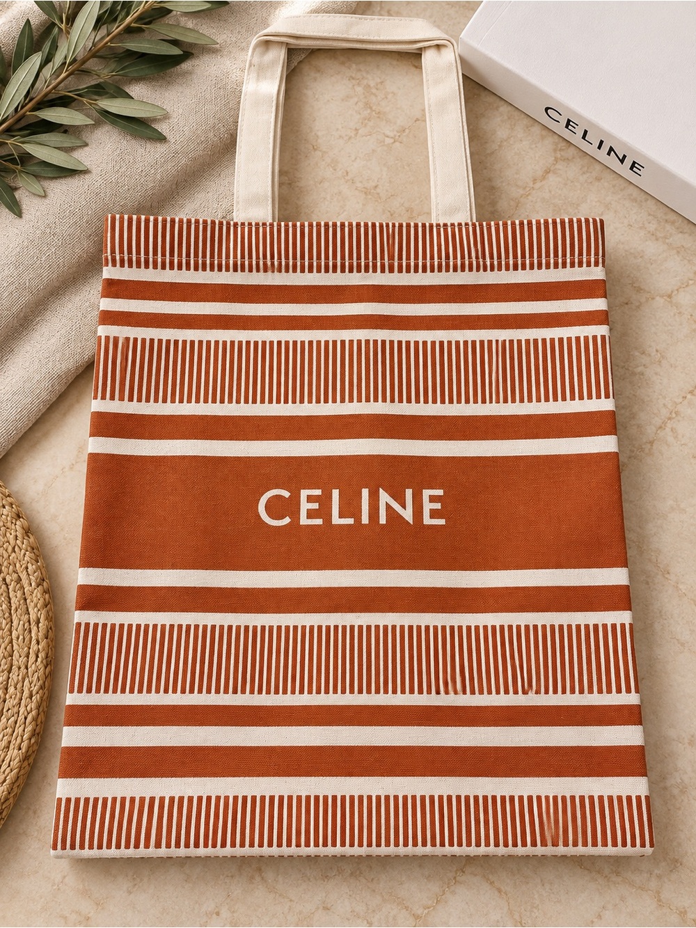 CELINE Terracotta and Cream Stripe Canvas Tote